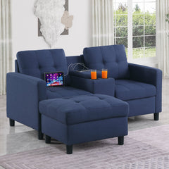Loveseat with Ottoman, Blue Polyester Linen Blend, Black Legs