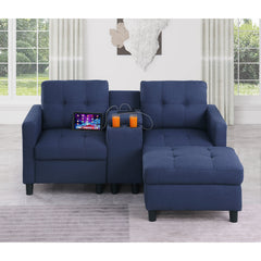 Loveseat with Ottoman, Blue Polyester Linen Blend, Black Legs