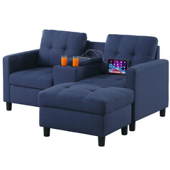 Loveseat with Ottoman, Blue Polyester Linen Blend, Black Legs