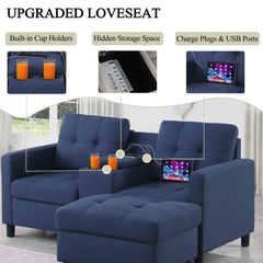 Loveseat with Ottoman, Blue Polyester Linen Blend, Black Legs