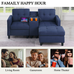 Loveseat with Ottoman, Blue Polyester Linen Blend, Black Legs