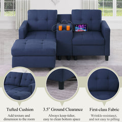 Loveseat with Ottoman, Blue Polyester Linen Blend, Black Legs