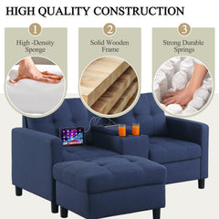 Loveseat with Ottoman, Blue Polyester Linen Blend, Black Legs