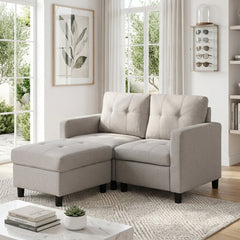 Loveseat with Ottoman, Polyester Blend, Light Gray with Black Legs