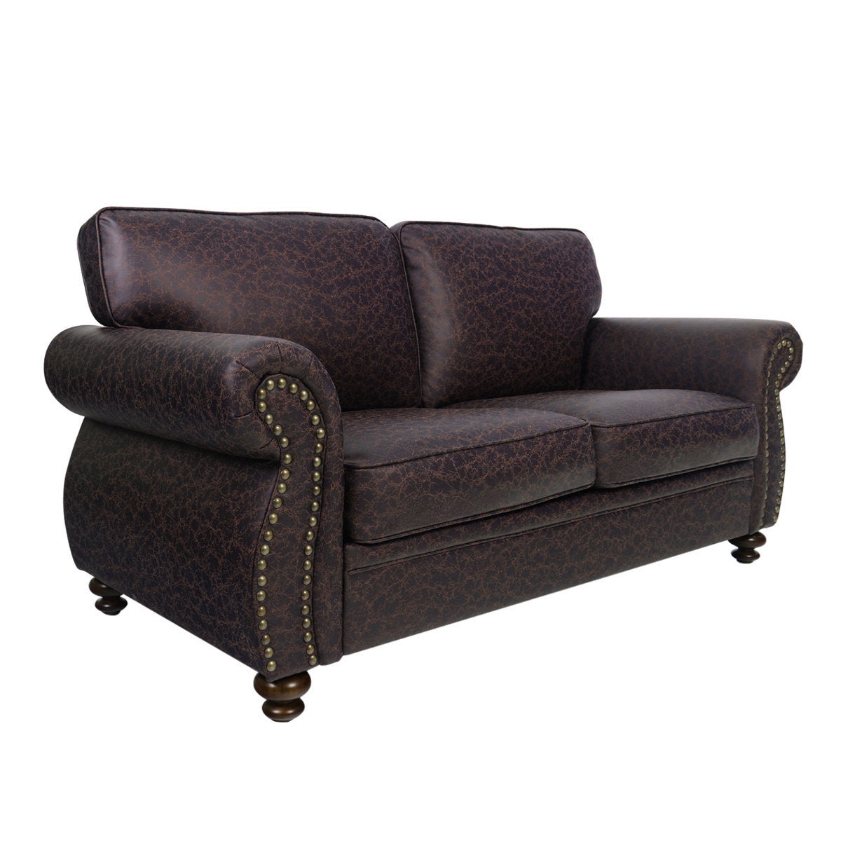 Loveseat with Rolled Arms and Nailhead Trim, Brown Fabric on Wood Legs