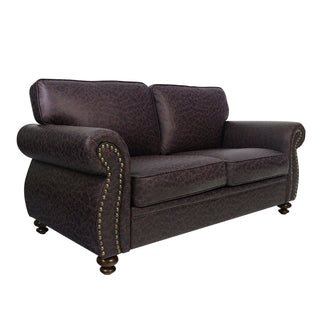 Loveseat with Rolled Arms and Nailhead Trim, Brown Fabric on Wood Legs