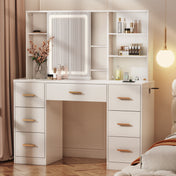 Makeup Desk with Lighted Sliding Mirror, 7 Drawers, White Manufactured Wood, 47 In