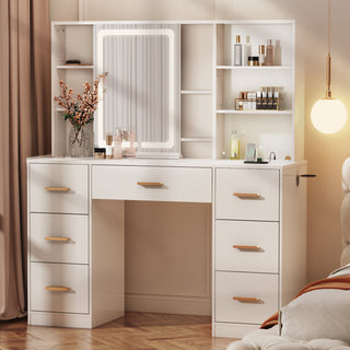 Makeup Desk with Lighted Sliding Mirror, 7 Drawers, White Manufactured Wood, 47 In