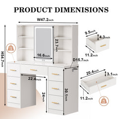 Makeup Desk with Lighted Sliding Mirror, 7 Drawers, White Manufactured Wood, 47 In