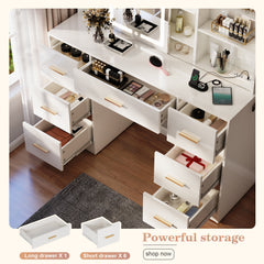 Makeup Desk with Lighted Sliding Mirror, 7 Drawers, White Manufactured Wood, 47 In