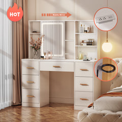 Makeup Desk with Lighted Sliding Mirror, 7 Drawers, White Manufactured Wood, 47 In