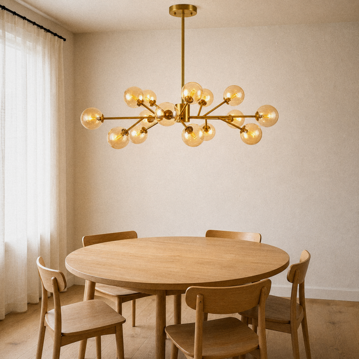 In a room | 15-globe amber and gold sputnik chandelier hanging over a round oak dining table, morning light
