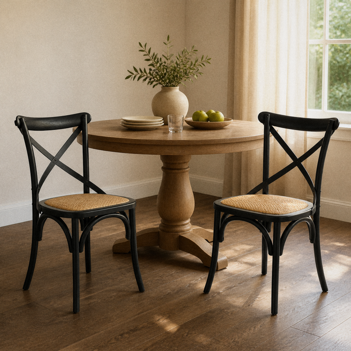 In a room | both matching black cross-back rattan side chairs pulled up to a round table in a warm plaster dining room, low afternoon light from the right