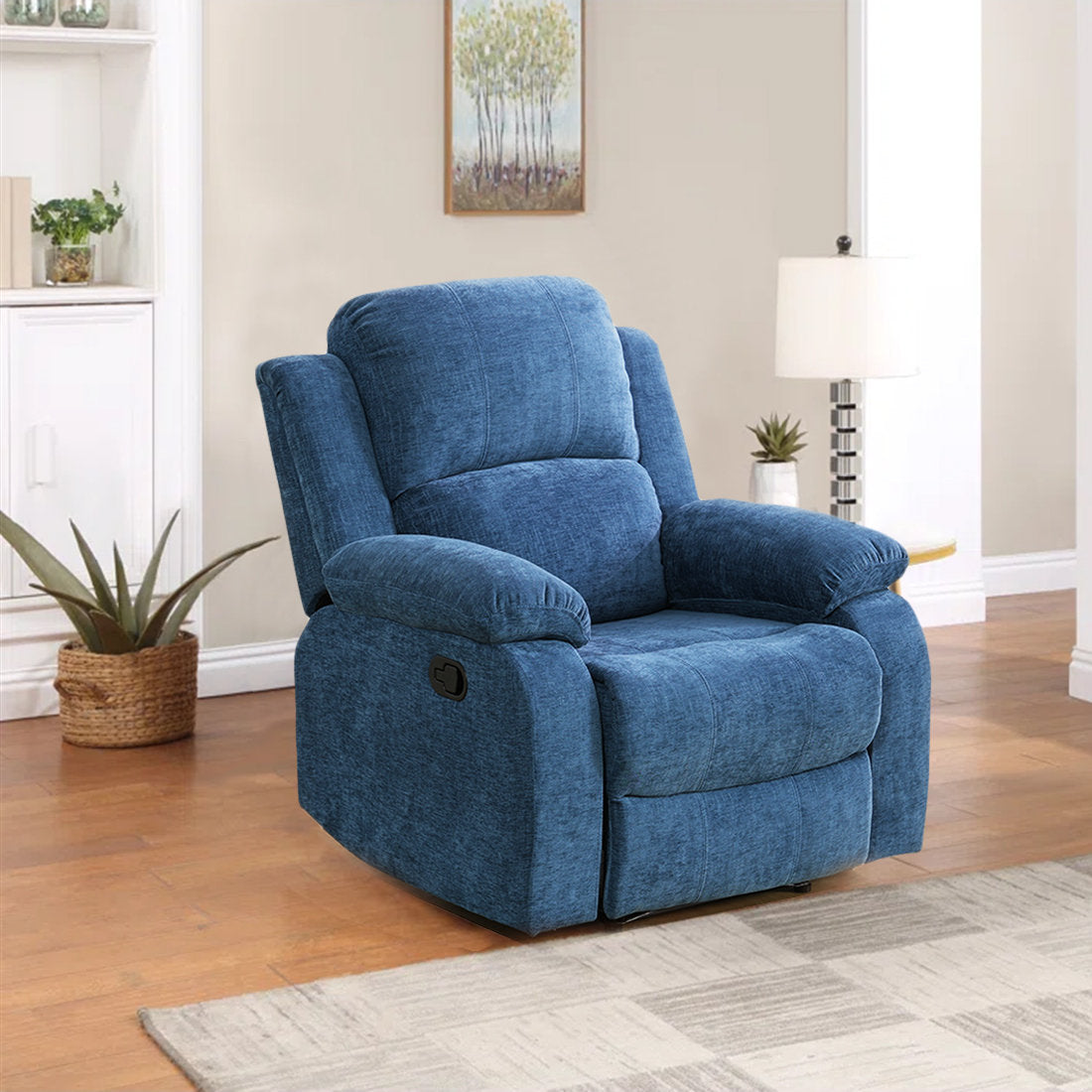 Manual Recliner Chair with Tufted Detailing and Metal Legs in Blue