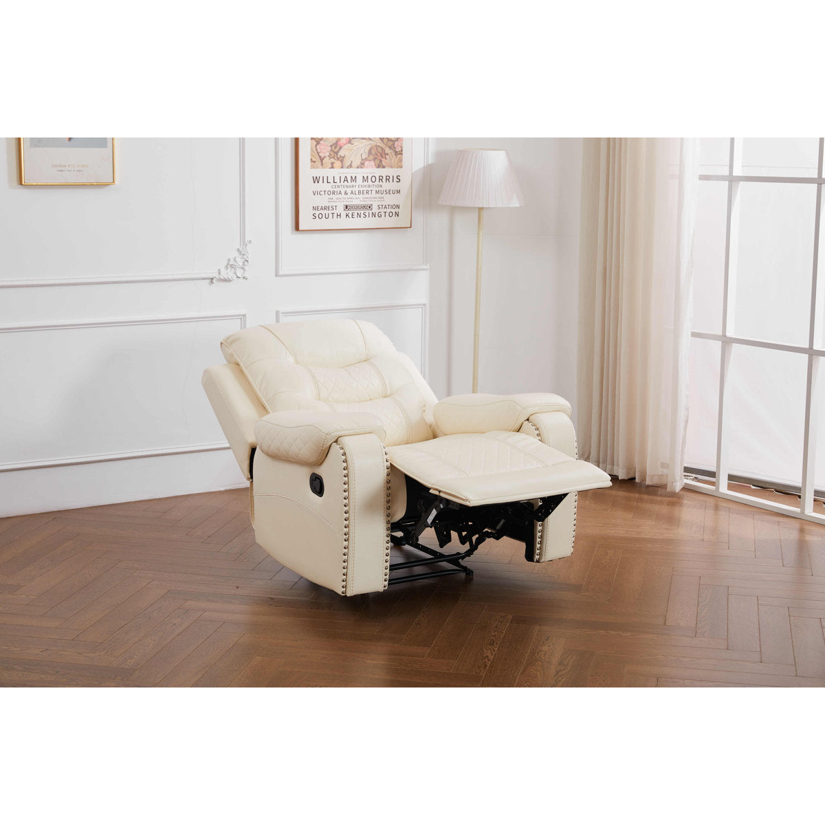Manual Recliner, Faux Leather with Nailhead Trim, Beige