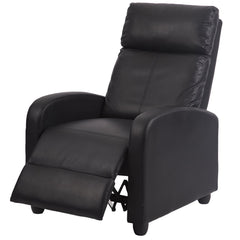 Manual Recliner in Tufted Black Faux Leather with Wood Legs