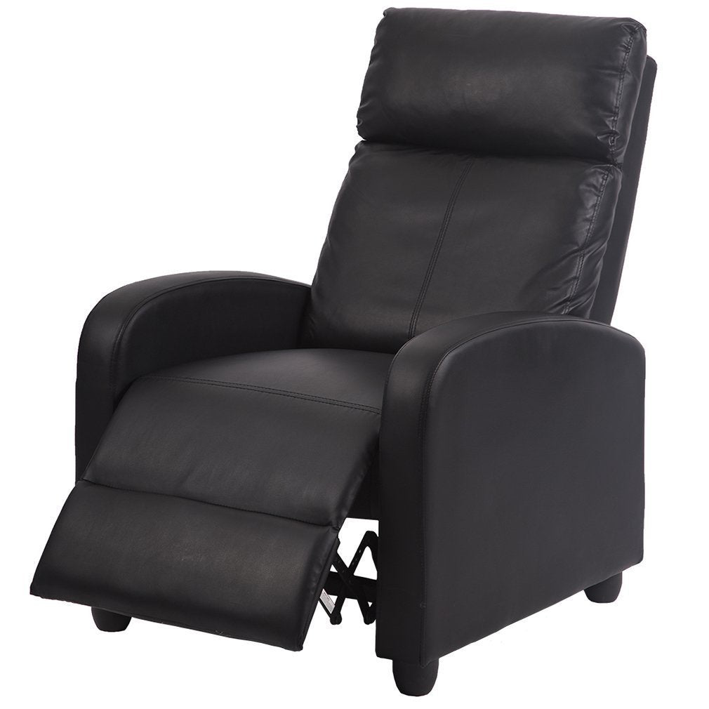 Manual Recliner in Tufted Black Faux Leather with Wood Legs