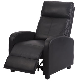 Manual Recliner in Tufted Black Faux Leather with Wood Legs