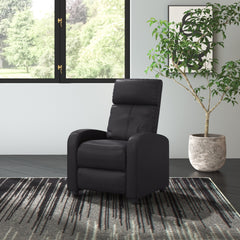 Manual Recliner in Tufted Black Faux Leather with Wood Legs