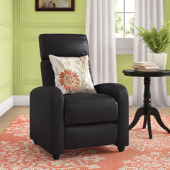 Manual Recliner in Tufted Black Faux Leather with Wood Legs