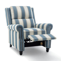 Manual Wing Chair Recliner, Navy Stripe Linen Blend with Black Wood Legs