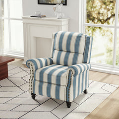 Manual Wing Chair Recliner, Navy Stripe Linen Blend with Black Wood Legs