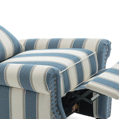 Manual Wing Chair Recliner, Navy Stripe Linen Blend with Black Wood Legs