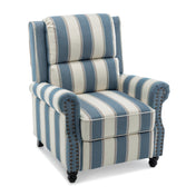 Manual Wing Chair Recliner, Navy Stripe Linen Blend with Black Wood Legs