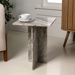 Marble Accent Table, Square Pedestal, Beige Marble