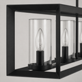 Shade detail | Clear cylindrical glass shade with black candelabra socket and cage rail