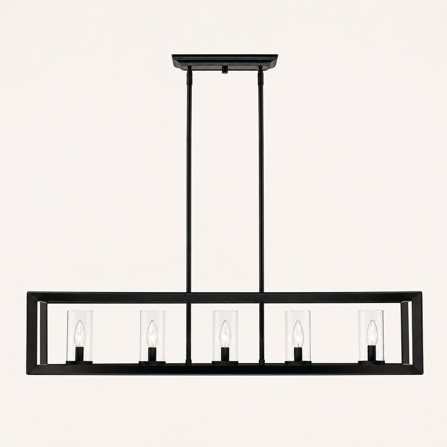 Studio front | Front view of the matte black rectangular cage with five clear glass shades