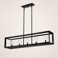 Studio three-quarter | Angled view of the matte black rectangular cage and five clear glass shades
