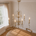 Angle | closer view across the table toward the lit chandelier