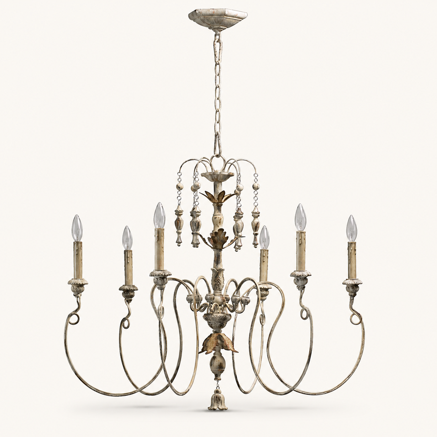 Front | studio front of the distressed cream arms, candle sleeves and chain