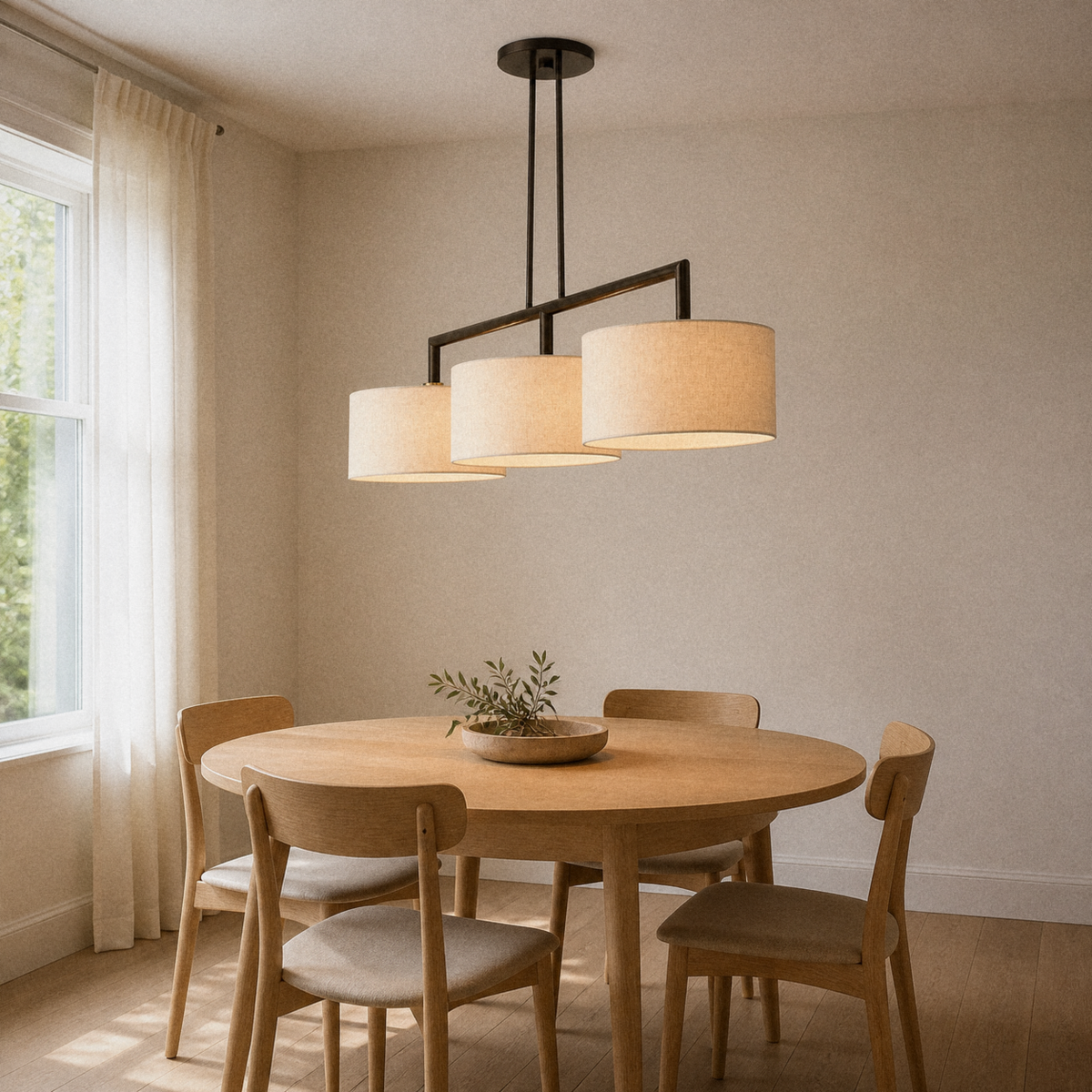 In a room | English bronze 3-light linear pendant hung lengthwise over a round wood dining table