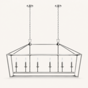 Front | polished chrome 6-light linear chandelier with two chains, round canopies, and six candle bulbs on a clean background
