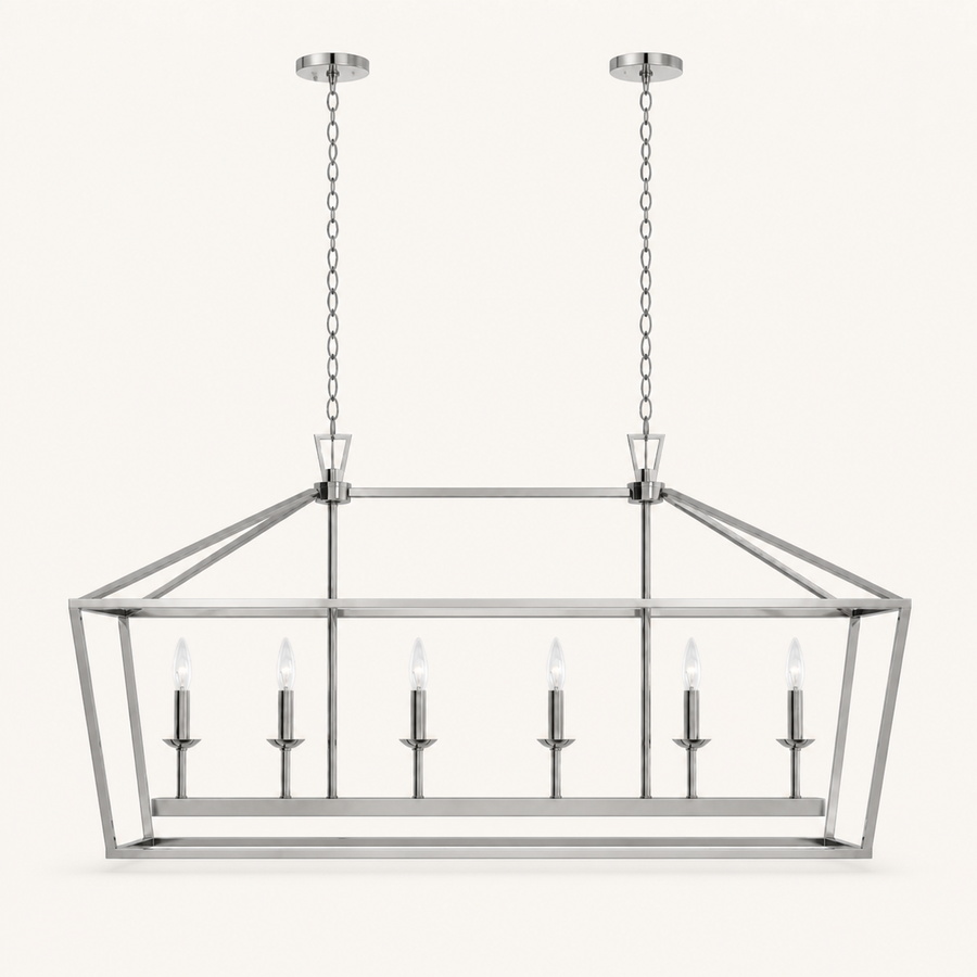 Front | polished chrome 6-light linear chandelier with two chains, round canopies, and six candle bulbs on a clean background