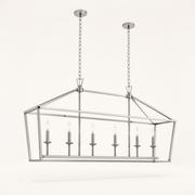 Side | polished chrome 6-light linear chandelier from a low side studio angle showing cage depth, dual chains, and six candle bulbs
