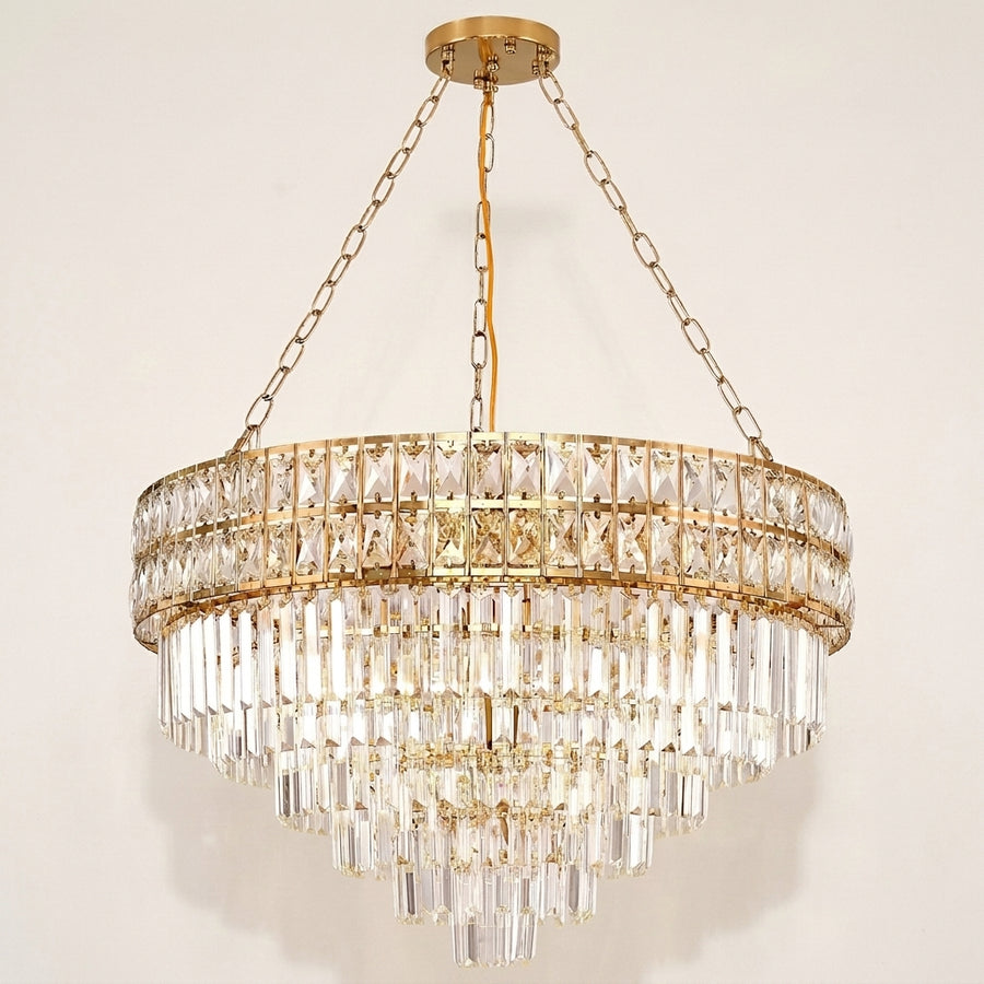 Front | studio front of the gold crystal drum and cascading tiers