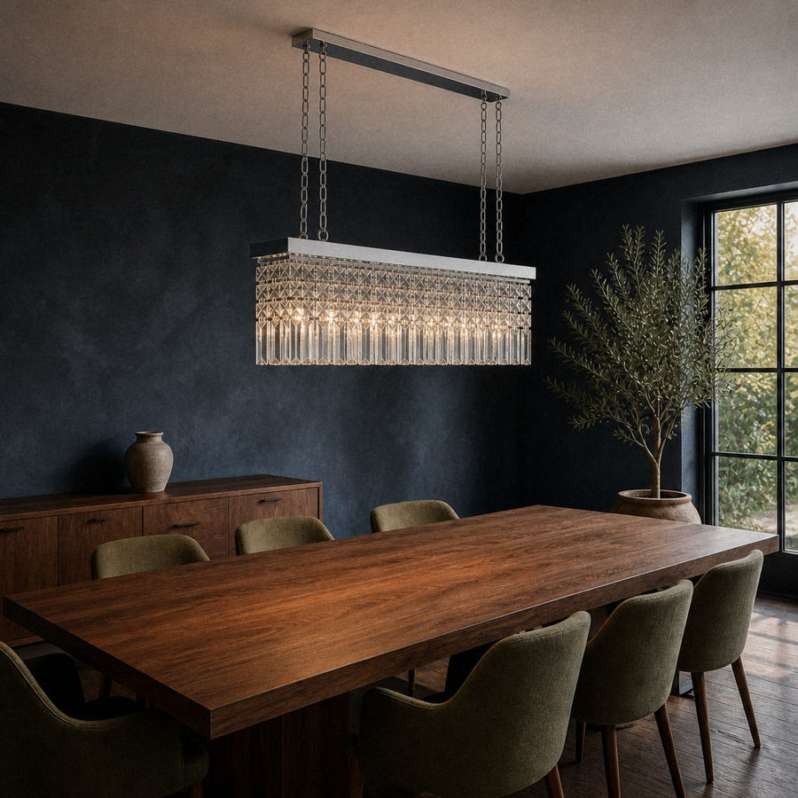 In a room | marnau Baluden 8-Light Crystal Pendant over a walnut dining table