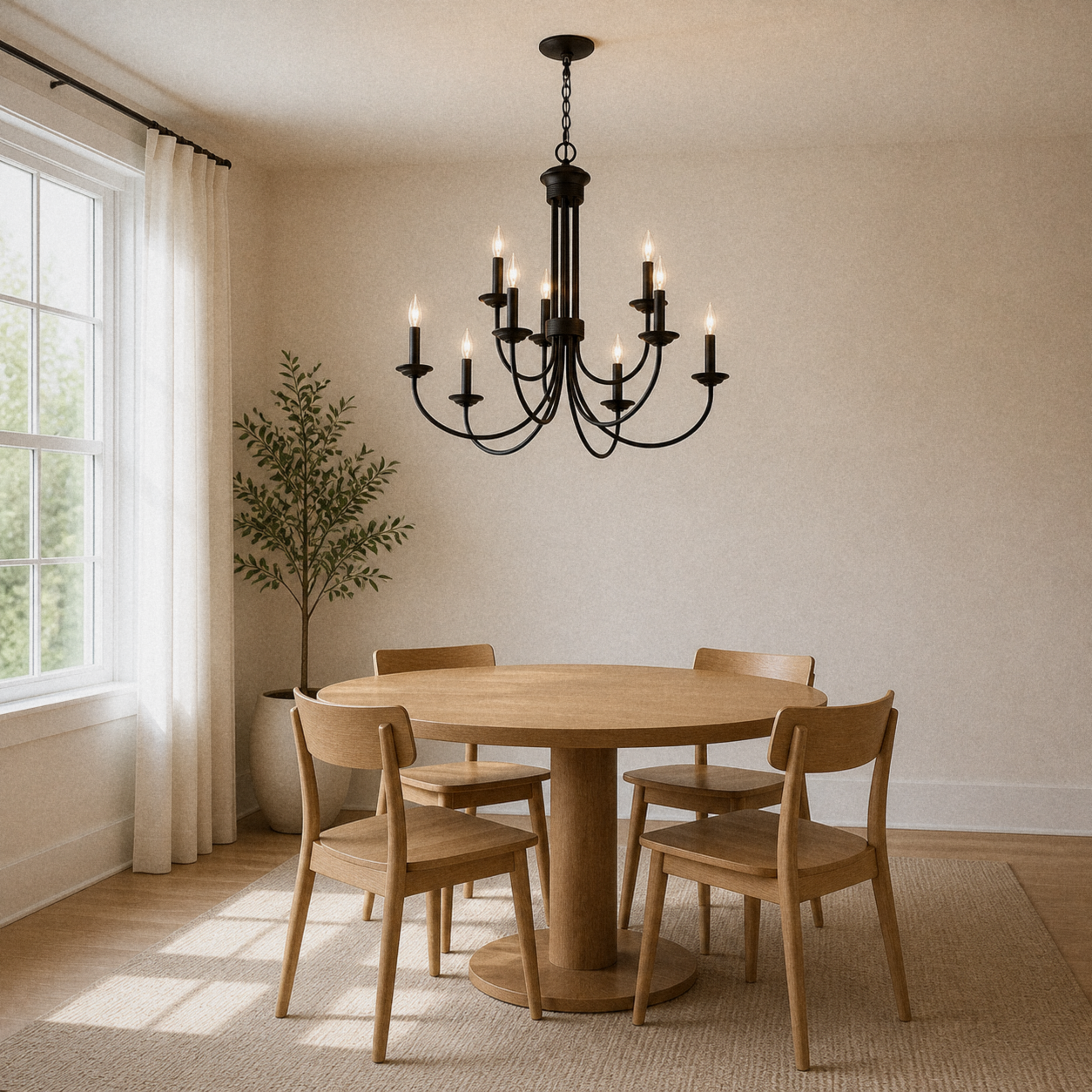 In a room | dark bronze nine-light chandelier over a round pale oak dining table in a warm sunlit room