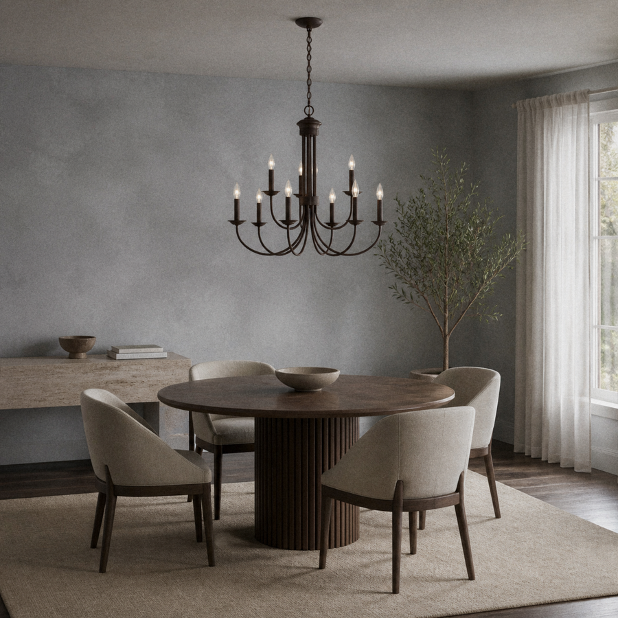 In a room | dark bronze nine-light chandelier over a round dark wood table in a cool limewash dining room