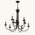 Front | studio front of the dark bronze nine-light chandelier with two tiers, chain, and round canopy