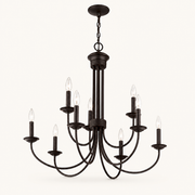 Front | studio front of the dark bronze nine-light chandelier with two tiers, chain, and round canopy