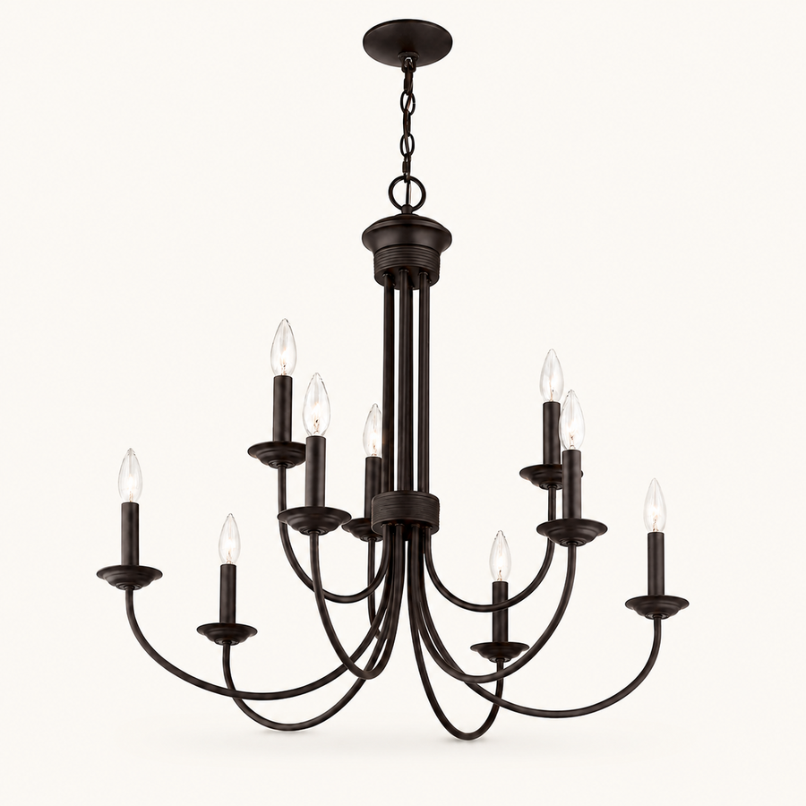 Front | studio front of the dark bronze nine-light chandelier with two tiers, chain, and round canopy