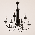 Profile | worm's-eye studio view of the dark bronze nine-light chandelier, chain, canopy, and curved arms