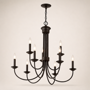 Angle | dark bronze nine-light chandelier from an elevated corner view showing the two tiers and curved arms