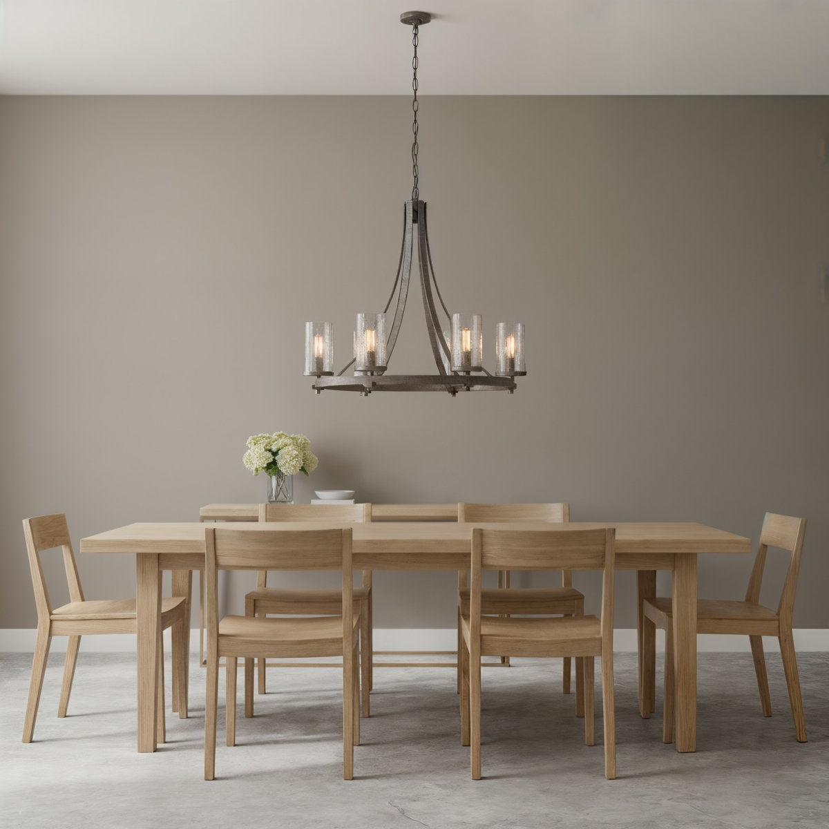 Wagon Wheel Chandelier, Weathered Oak and Slate Gray Metal, Clear Glass Shades