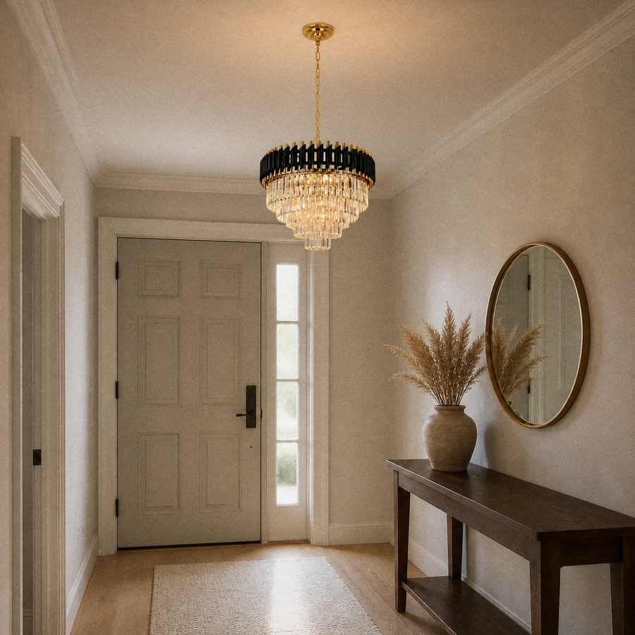 In a room | black and gold crystal chandelier in an entryway with a console table