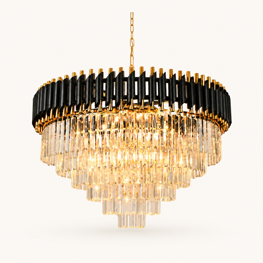 Front | studio front of the black and gold drum with cascading crystal tiers